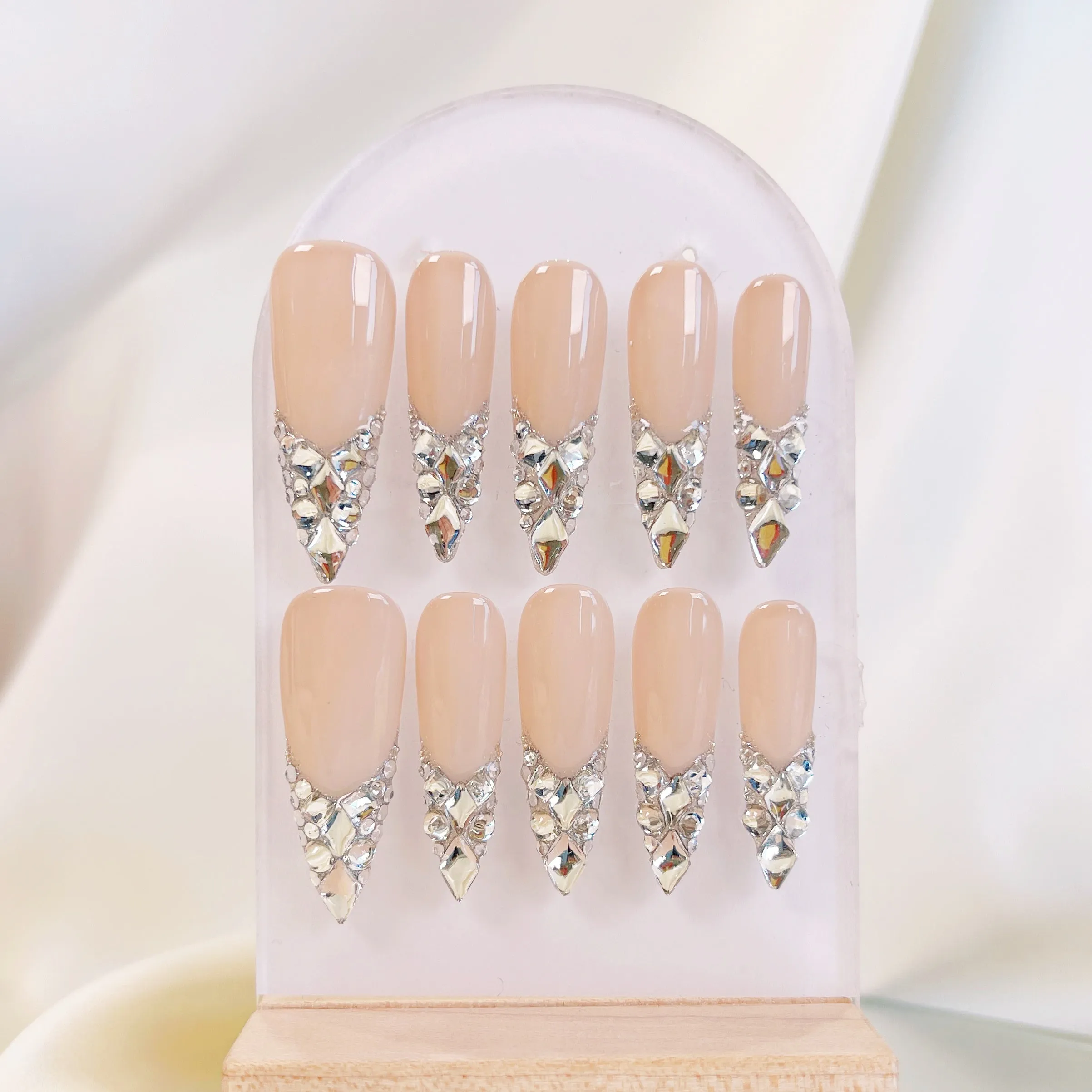 PO034 silver crystal gem bling long stiletto press on nails