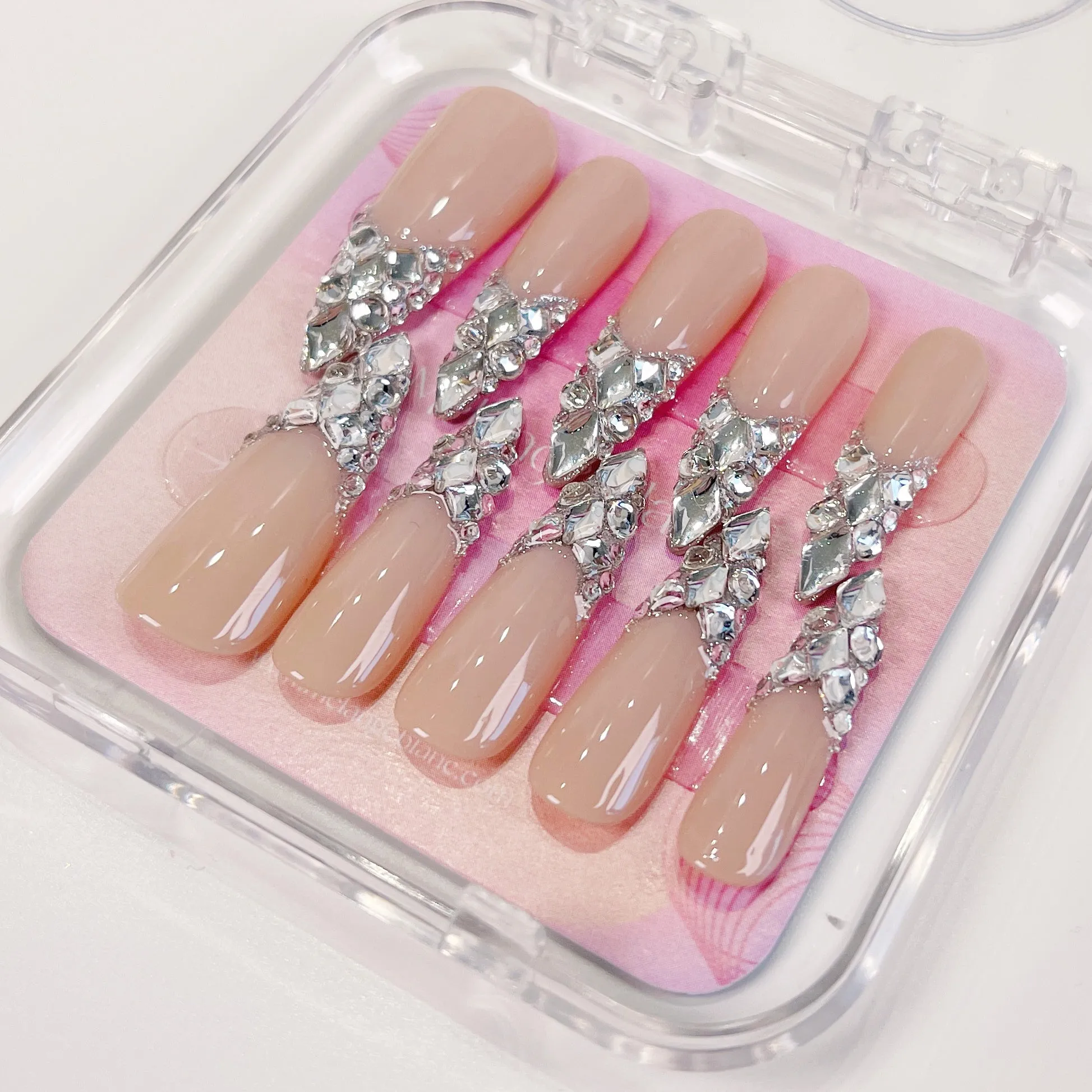 PO034 silver crystal gem bling long stiletto press on nails