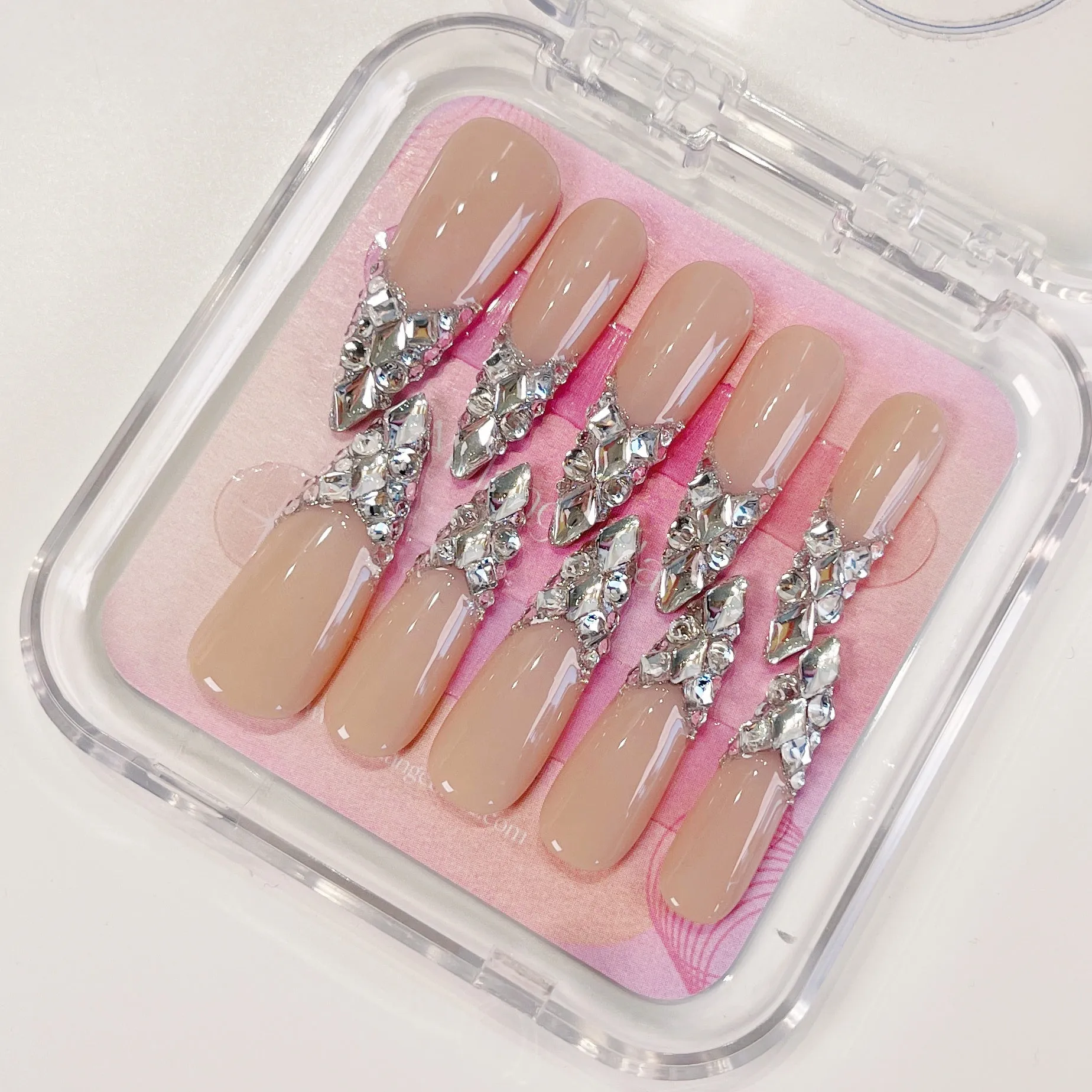 PO034 silver crystal gem bling long stiletto press on nails