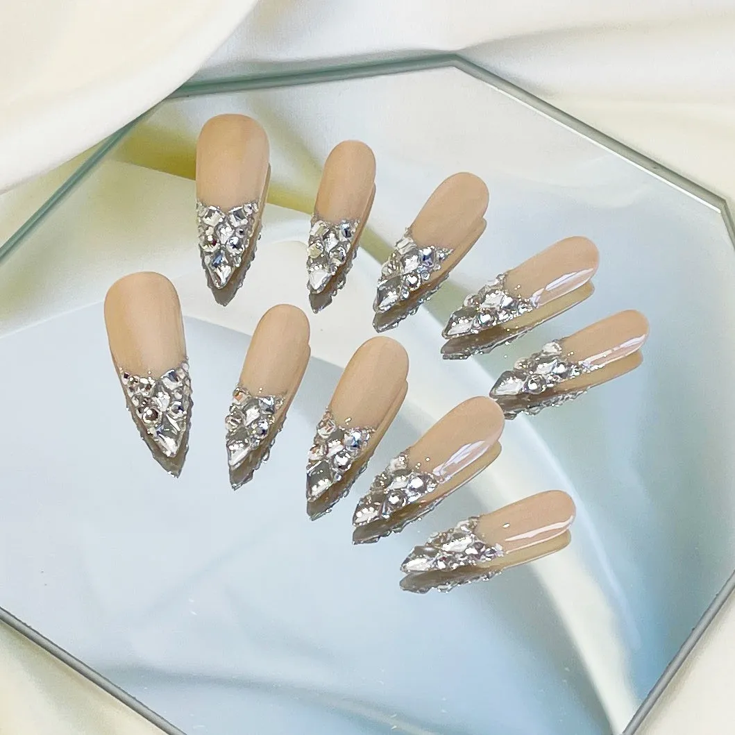 PO034 silver crystal gem bling long stiletto press on nails