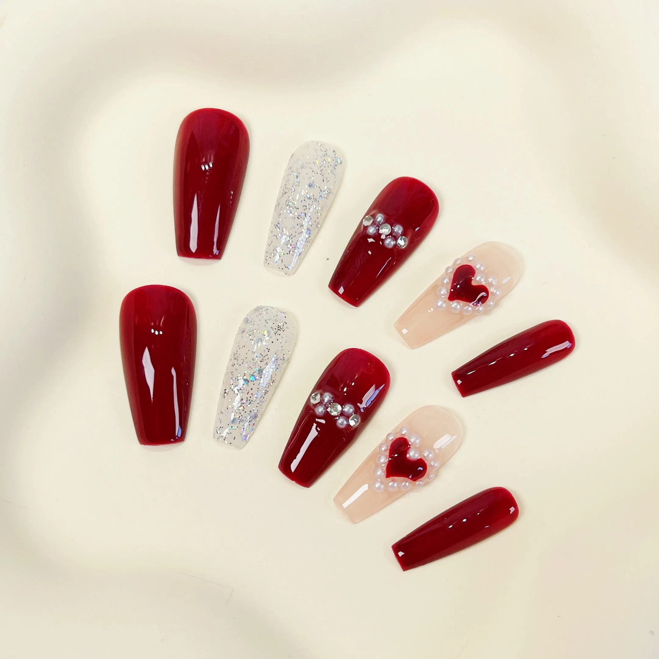 PO035 red heart coffin press on nails