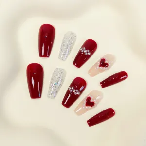 PO035 red heart coffin press on nails