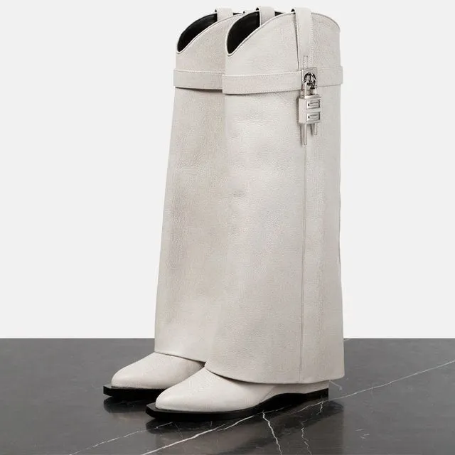 Pointy Wedge Heel Shark Buckle Knee High Boots for Women – Stylish Cowboy Leather Lock Embellishment, Winter High Heel Long Boots