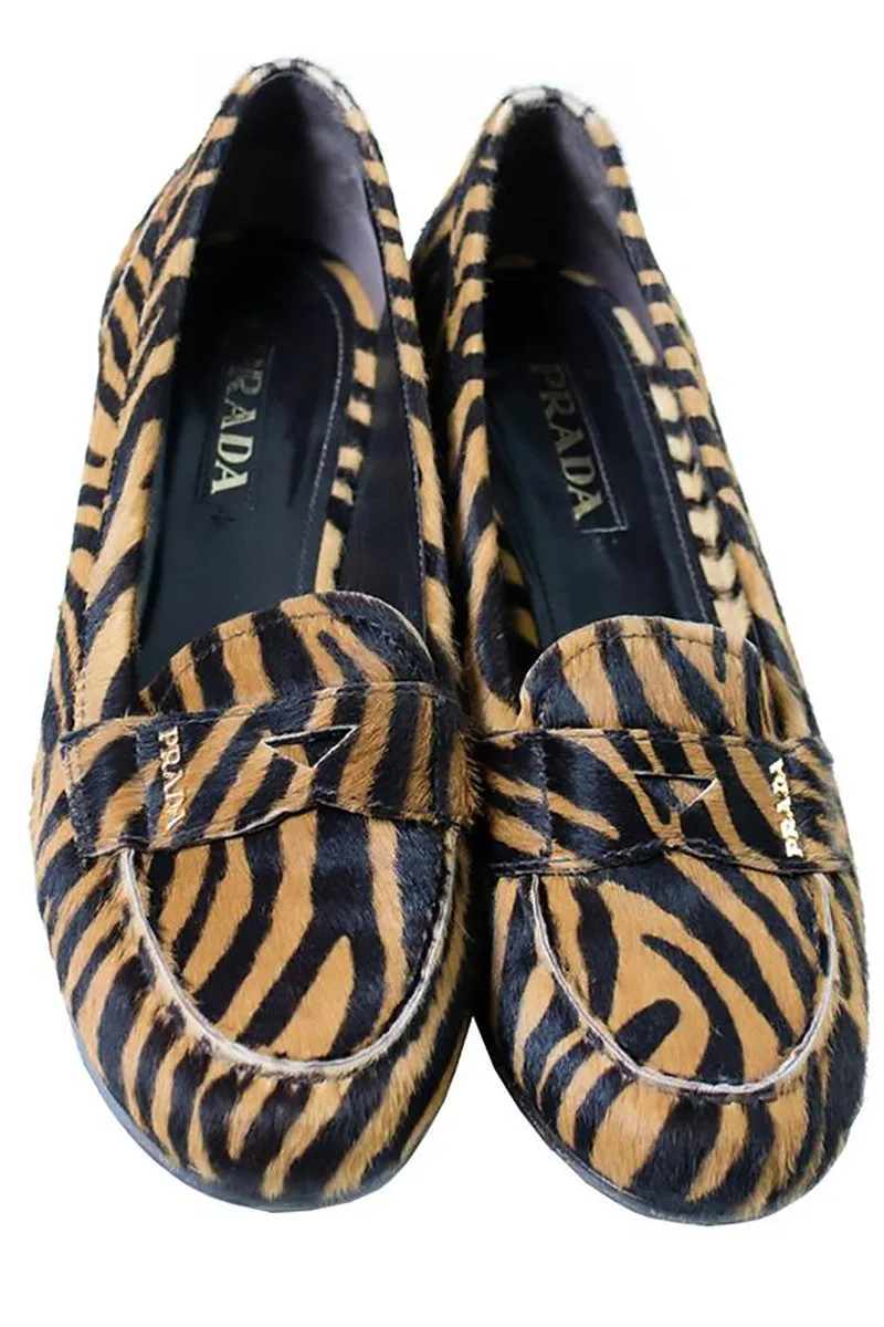 Prada Tiger Print Pony Fur Loafers 37.5