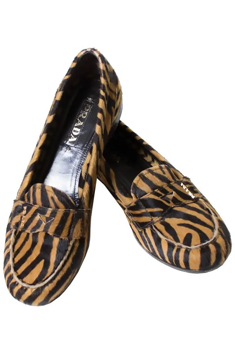 Prada Tiger Print Pony Fur Loafers 37.5