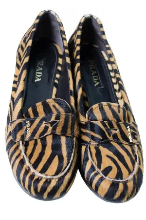 Prada Tiger Print Pony Fur Loafers 37.5