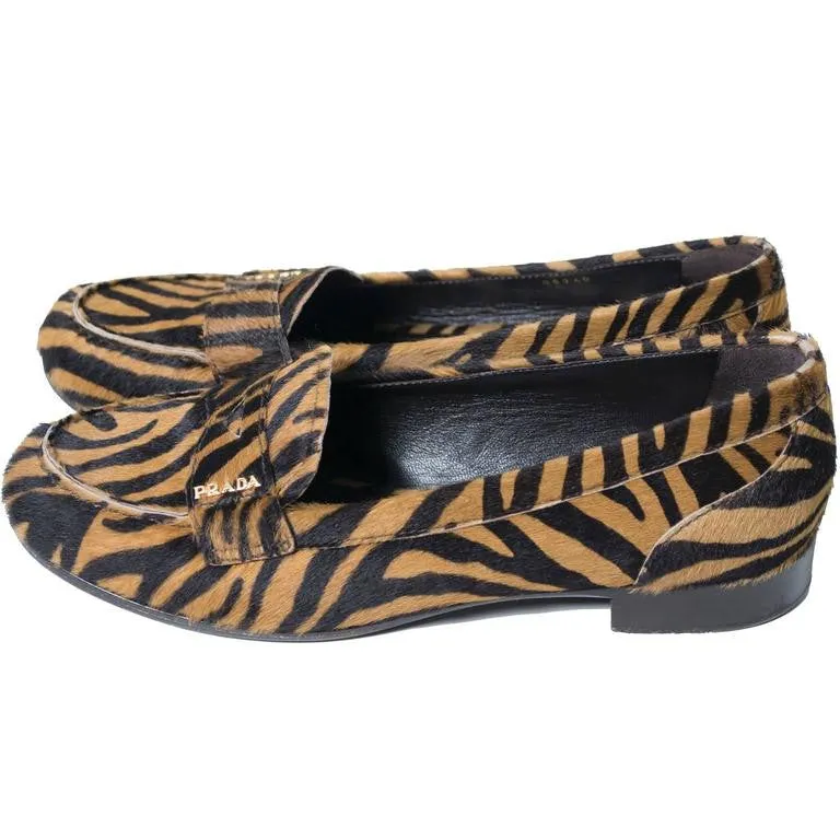Prada Tiger Print Pony Fur Loafers 37.5