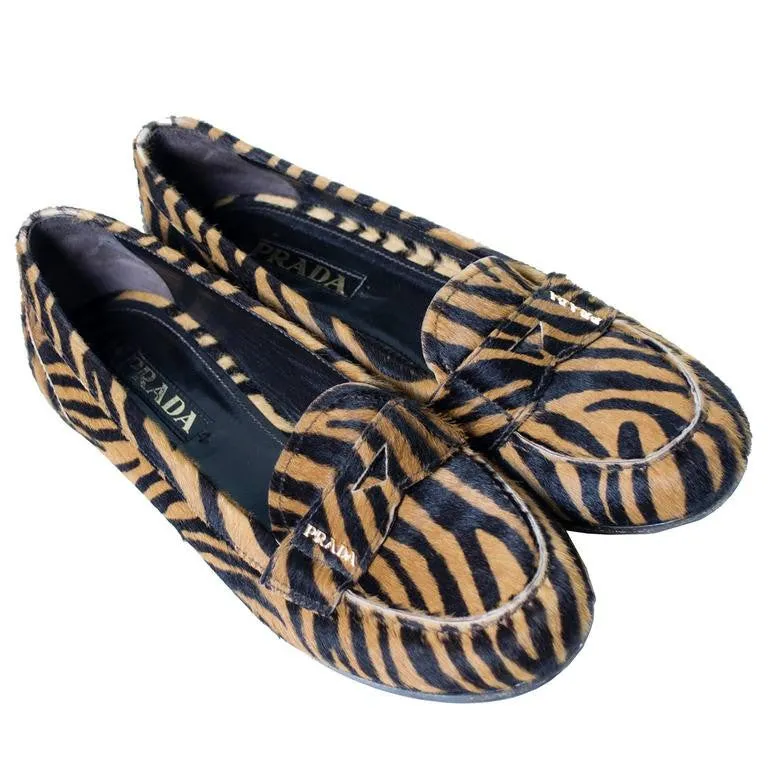 Prada Tiger Print Pony Fur Loafers 37.5
