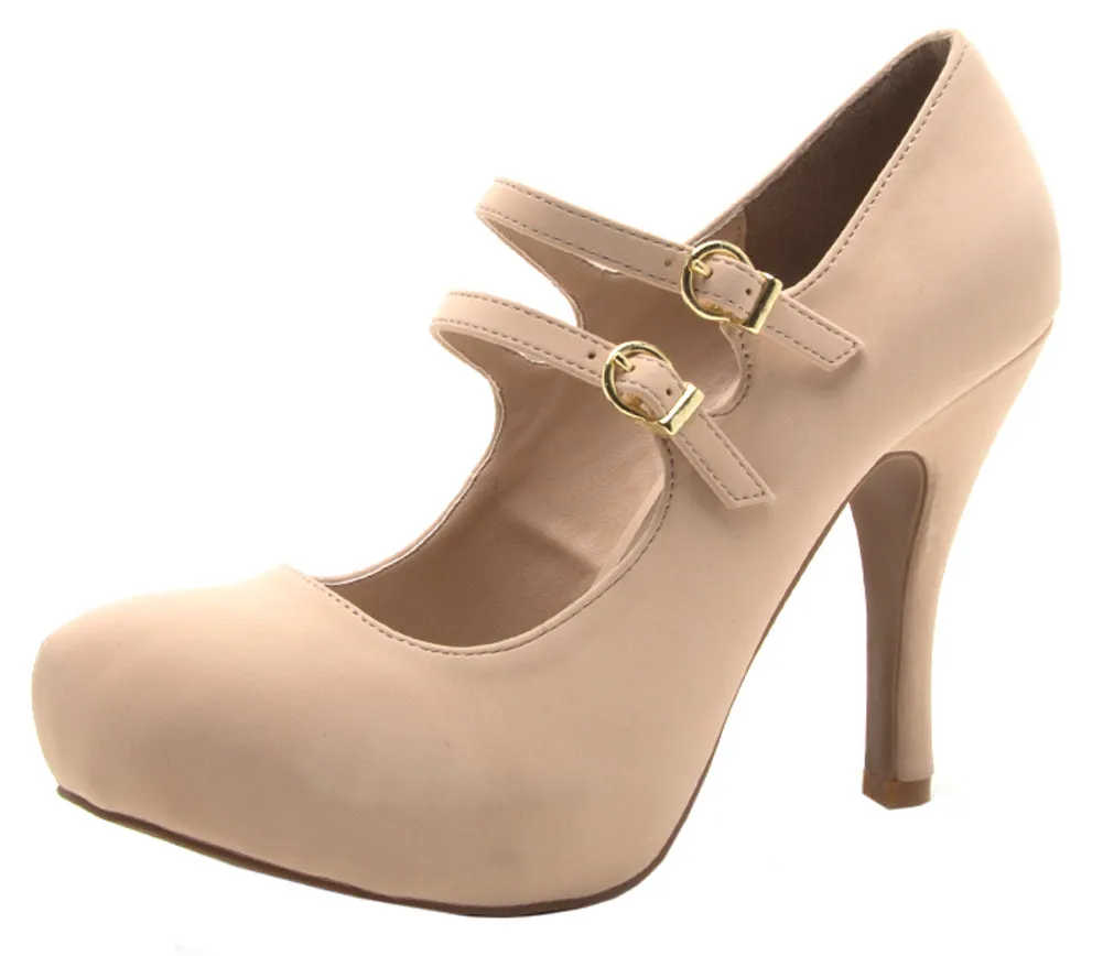 Qupid Women's Closed Toe Double Strap Mary Jane Platform Heel Pump
