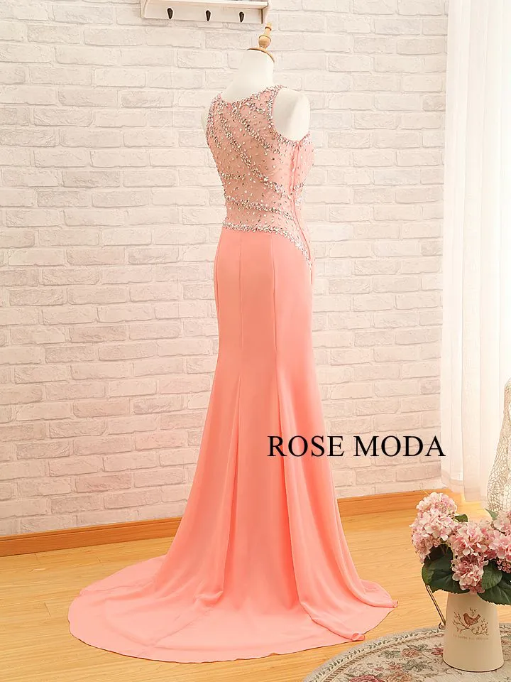 Rosemoda Beaded Chiffon Peach Fitted Sheath Prom Dress