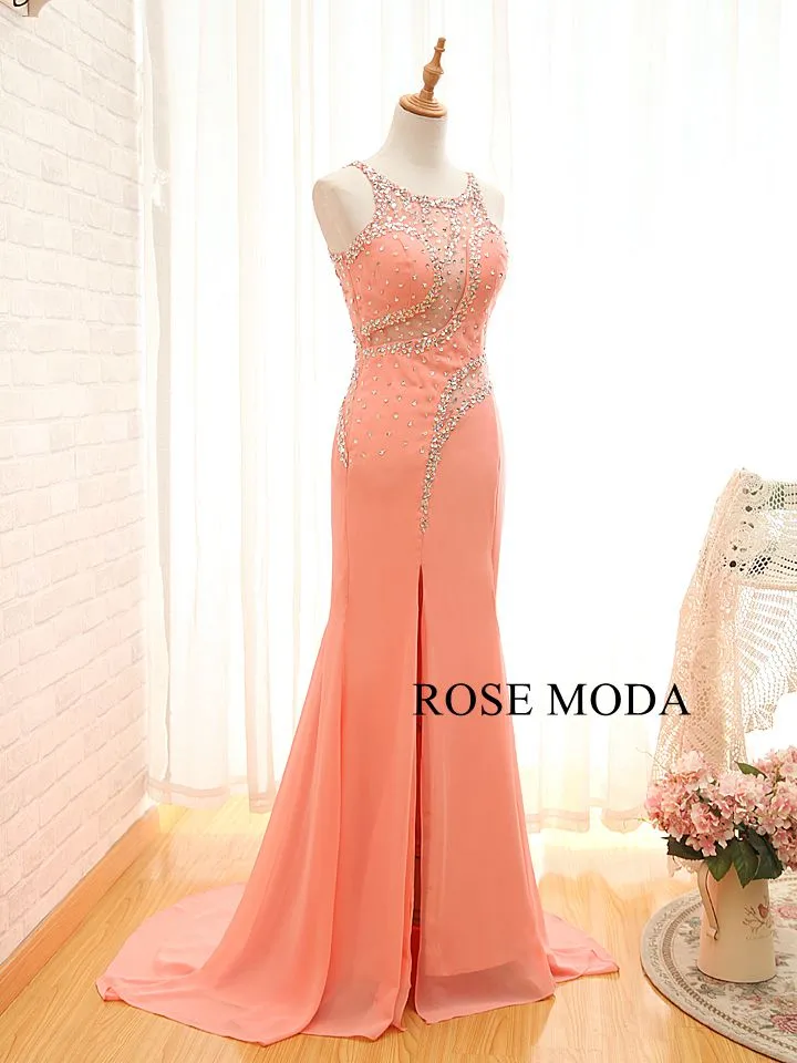 Rosemoda Beaded Chiffon Peach Fitted Sheath Prom Dress