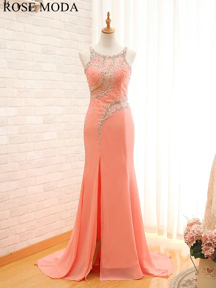 Rosemoda Beaded Chiffon Peach Fitted Sheath Prom Dress