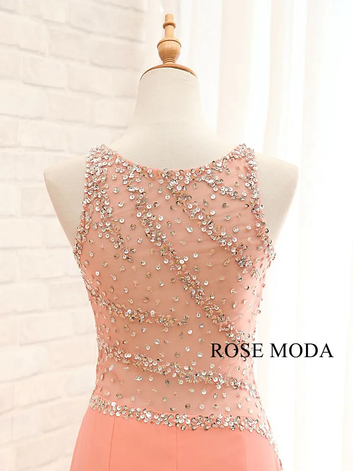 Rosemoda Beaded Chiffon Peach Fitted Sheath Prom Dress