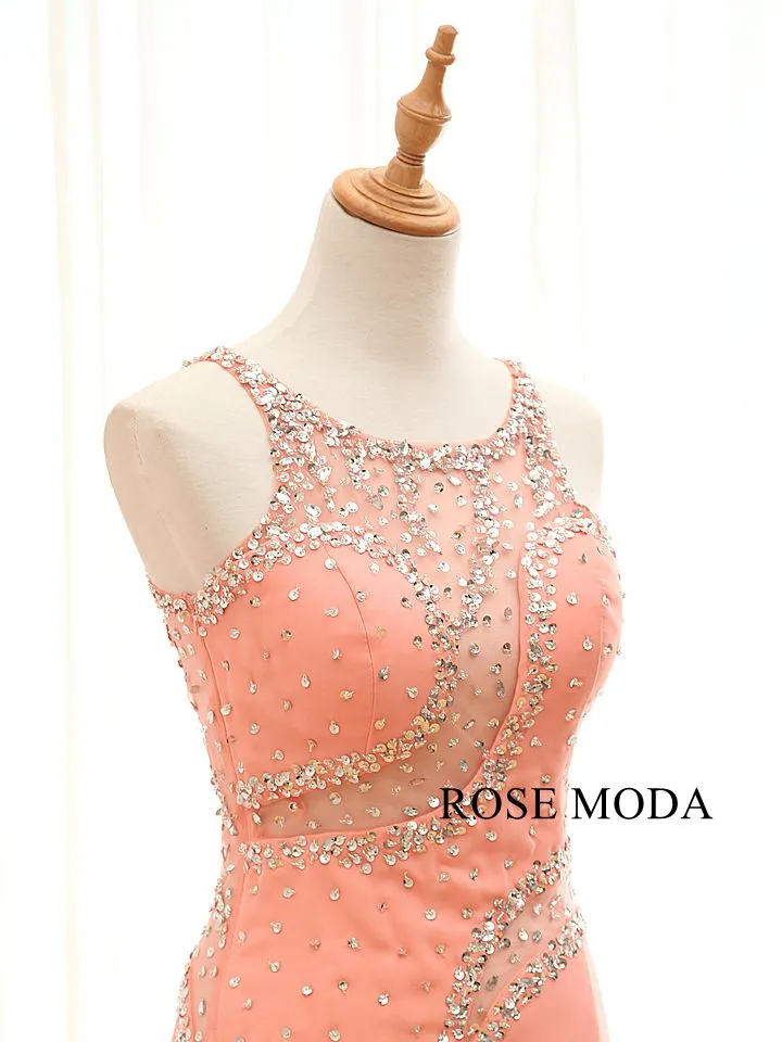 Rosemoda Beaded Chiffon Peach Fitted Sheath Prom Dress