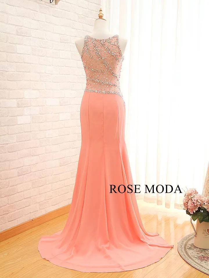 Rosemoda Beaded Chiffon Peach Fitted Sheath Prom Dress
