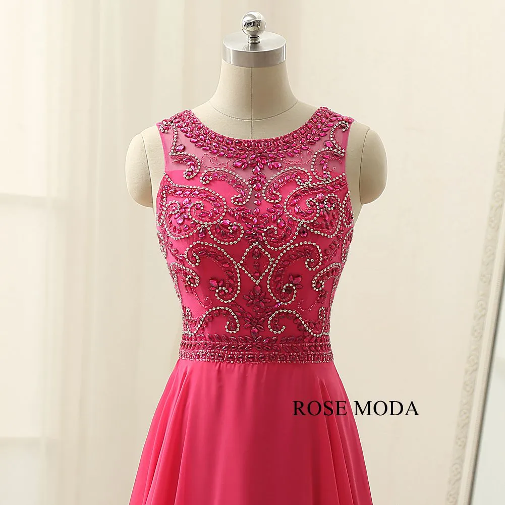 Rosemoda Elegant Peach Crystal Long Chiffon Prom Dress