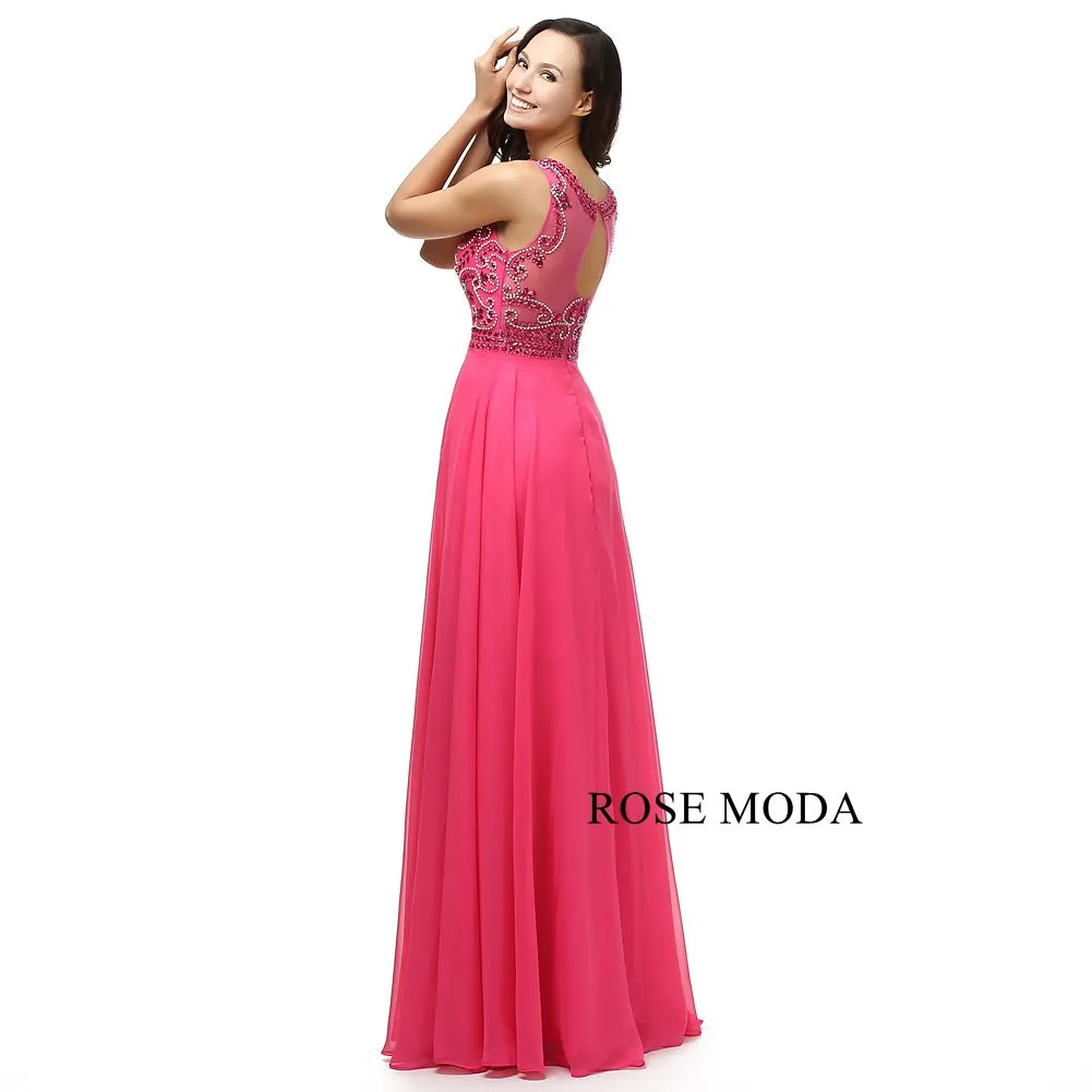 Rosemoda Elegant Peach Crystal Long Chiffon Prom Dress