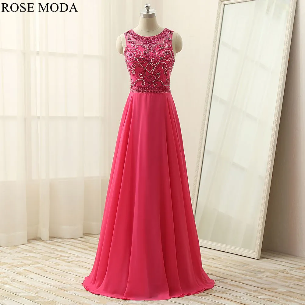 Rosemoda Elegant Peach Crystal Long Chiffon Prom Dress