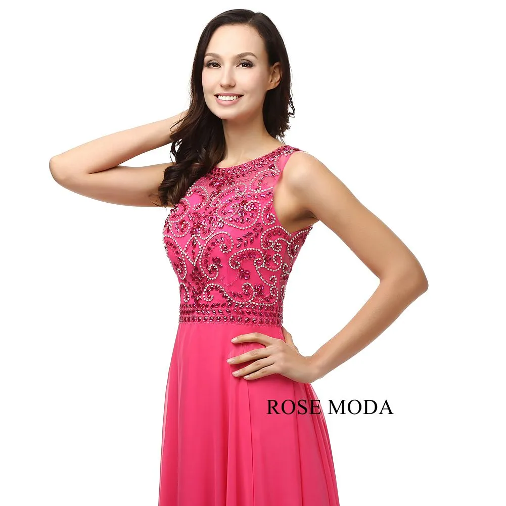 Rosemoda Elegant Peach Crystal Long Chiffon Prom Dress