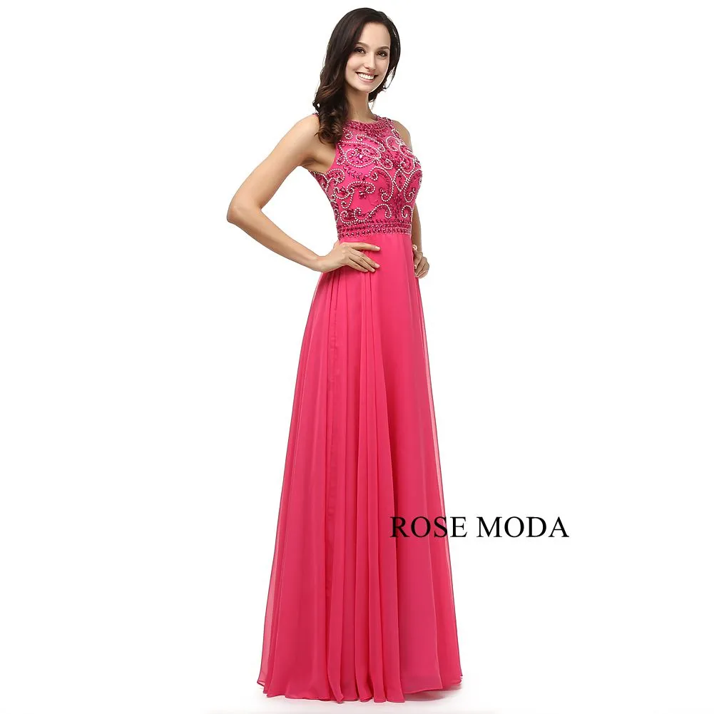 Rosemoda Elegant Peach Crystal Long Chiffon Prom Dress