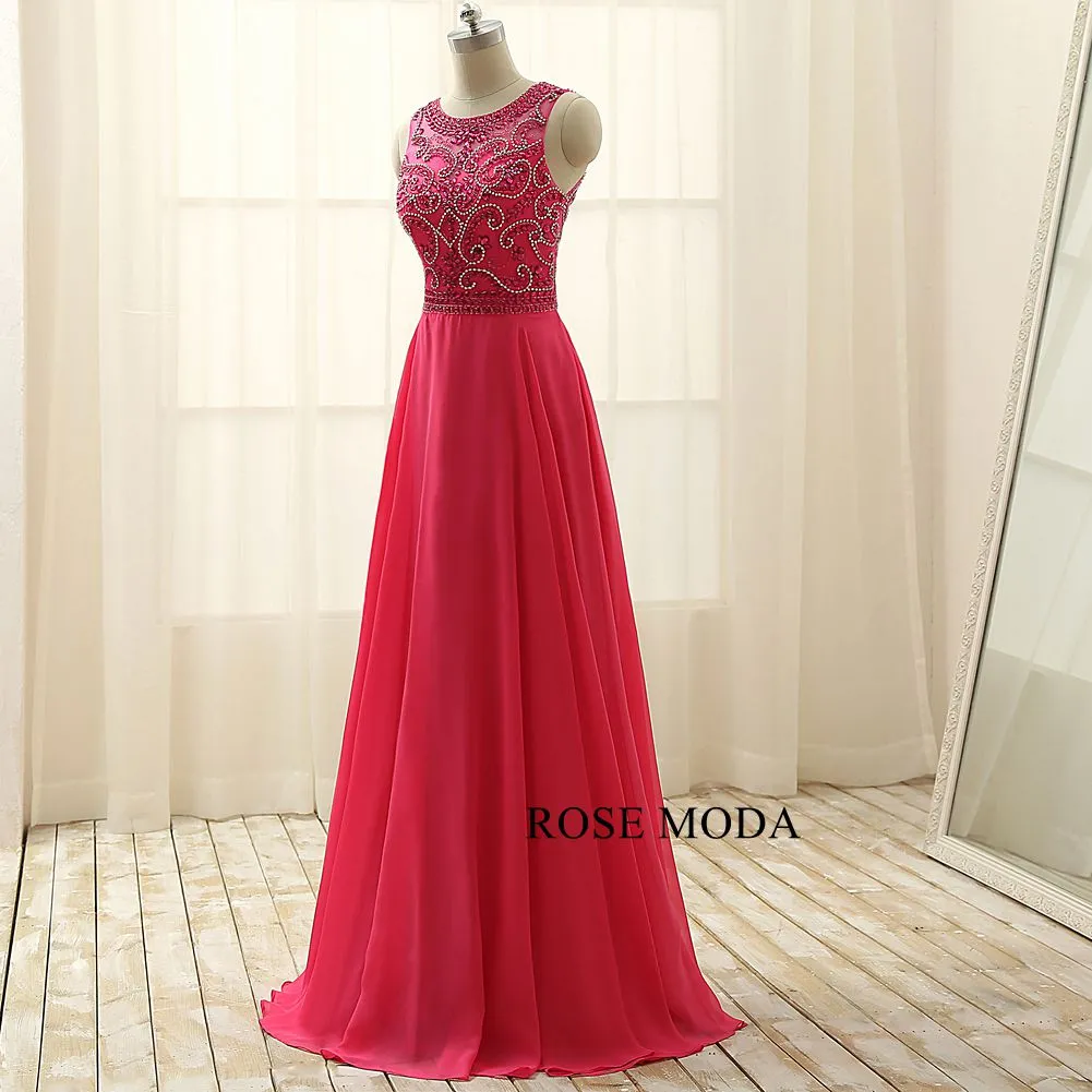 Rosemoda Elegant Peach Crystal Long Chiffon Prom Dress