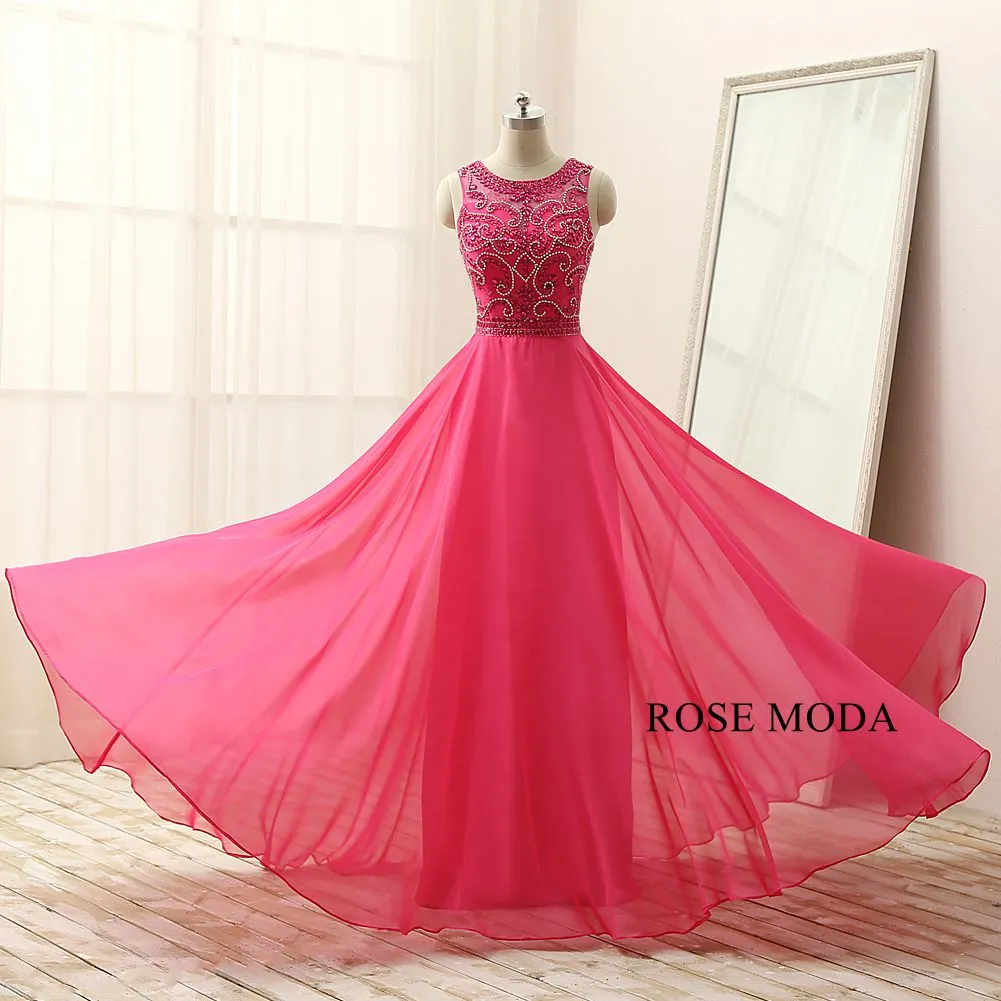 Rosemoda Elegant Peach Crystal Long Chiffon Prom Dress