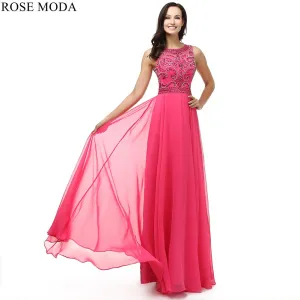Rosemoda Elegant Peach Crystal Long Chiffon Prom Dress