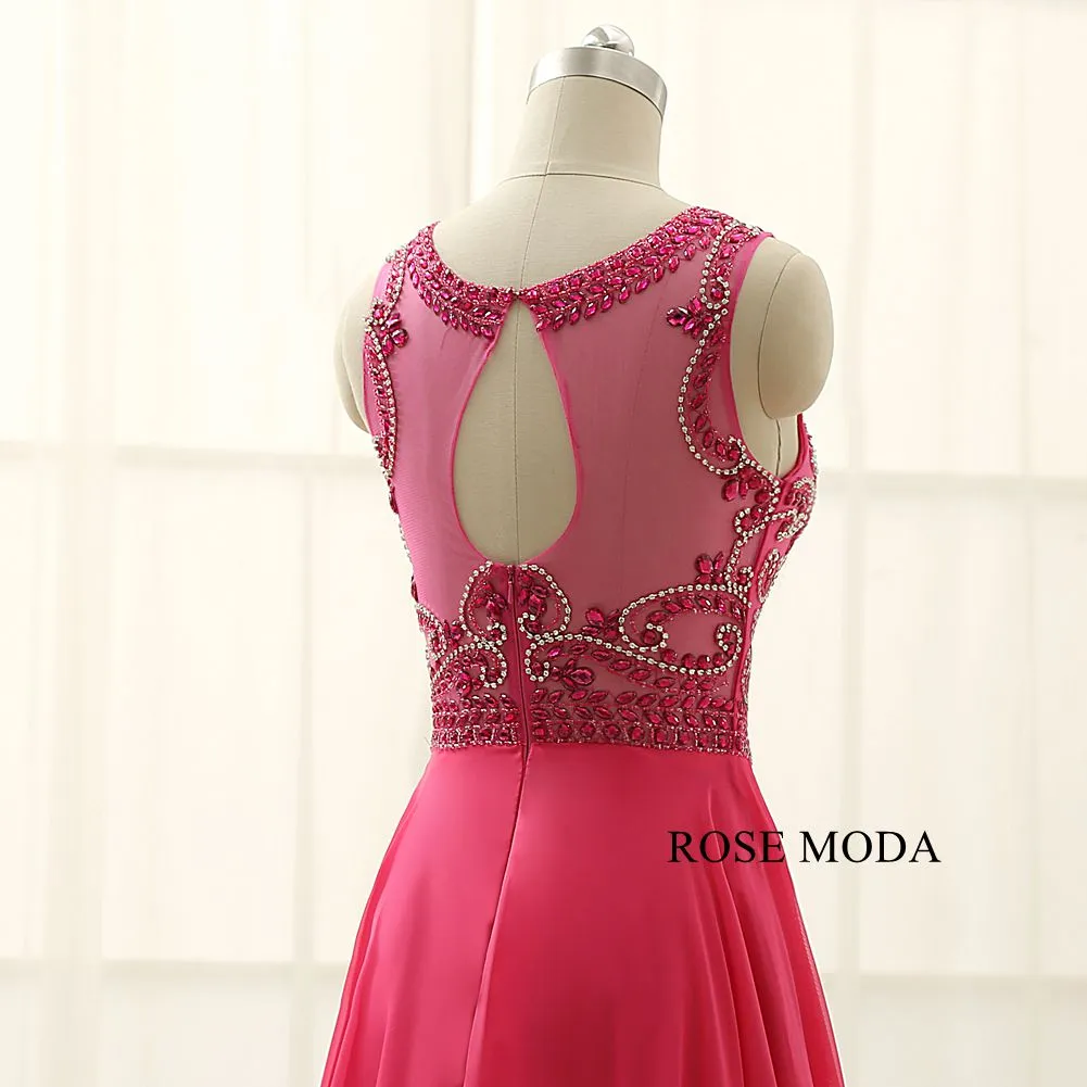 Rosemoda Elegant Peach Crystal Long Chiffon Prom Dress