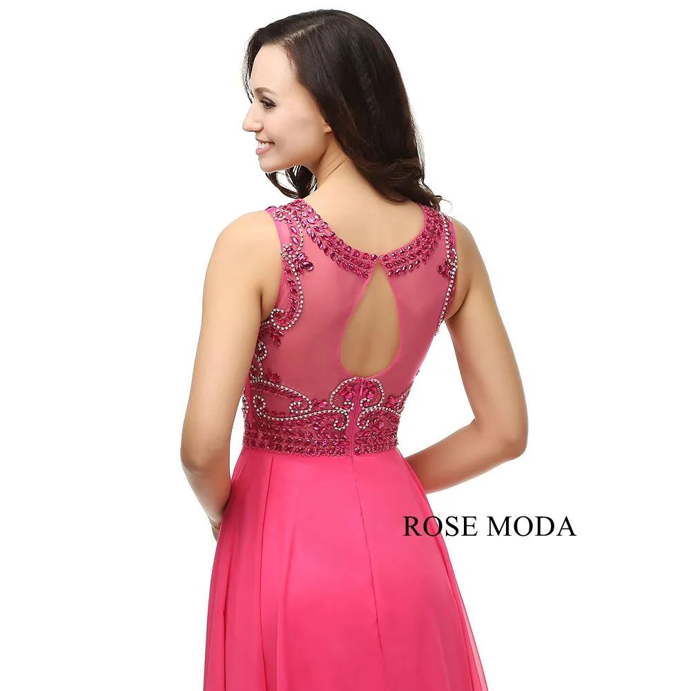 Rosemoda Elegant Peach Crystal Long Chiffon Prom Dress