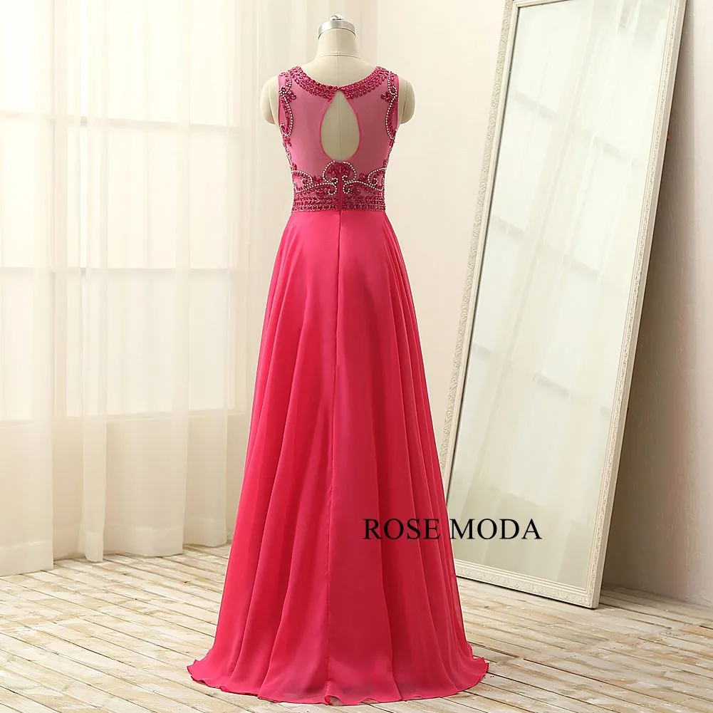 Rosemoda Elegant Peach Crystal Long Chiffon Prom Dress