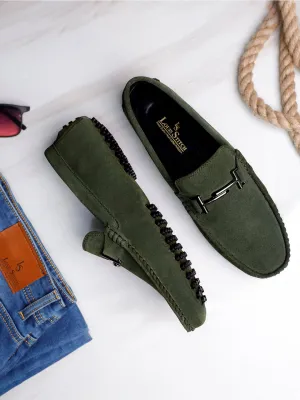 Seaweed Green Handmade Italian Suede Leather Penny Loafers with Designer Buckle