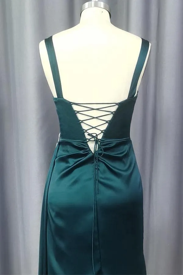 Sheath Sweetheart Sleeveless Sweep Train Satin Prom Dress With Pleated  PSK403