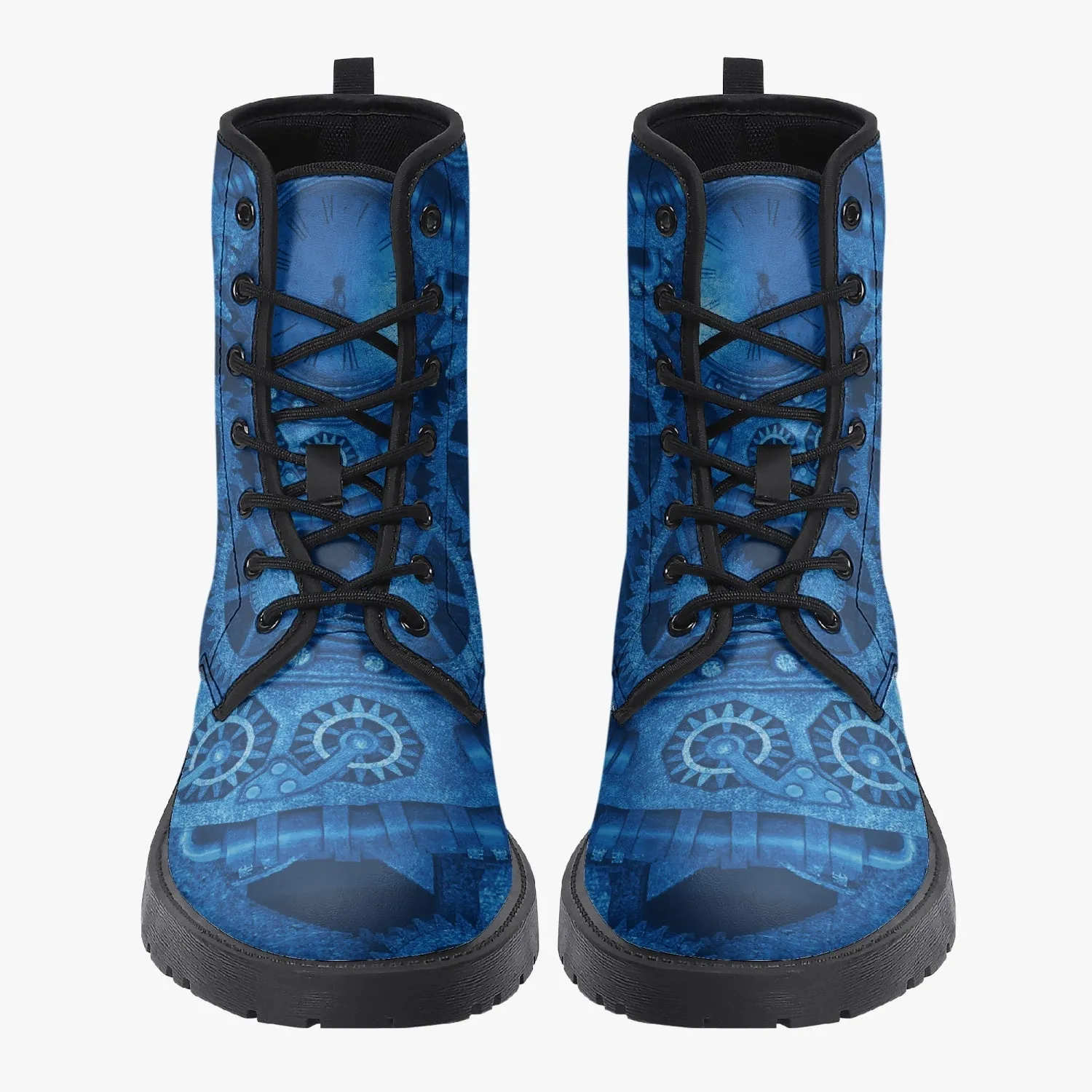 Steampunk Clockwork Gears Bright Blue Combat Boots - Electric Blue Steampunk Boots  (JPREGDAVEB)