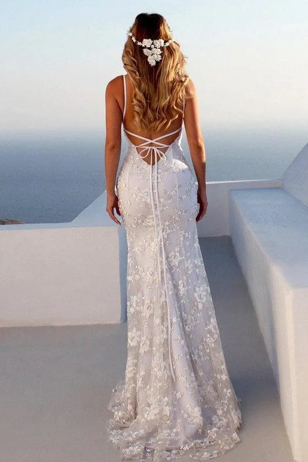 Straps Mermaid Prom Dress V Neck Formal Party Dress with Appliques  PSK089