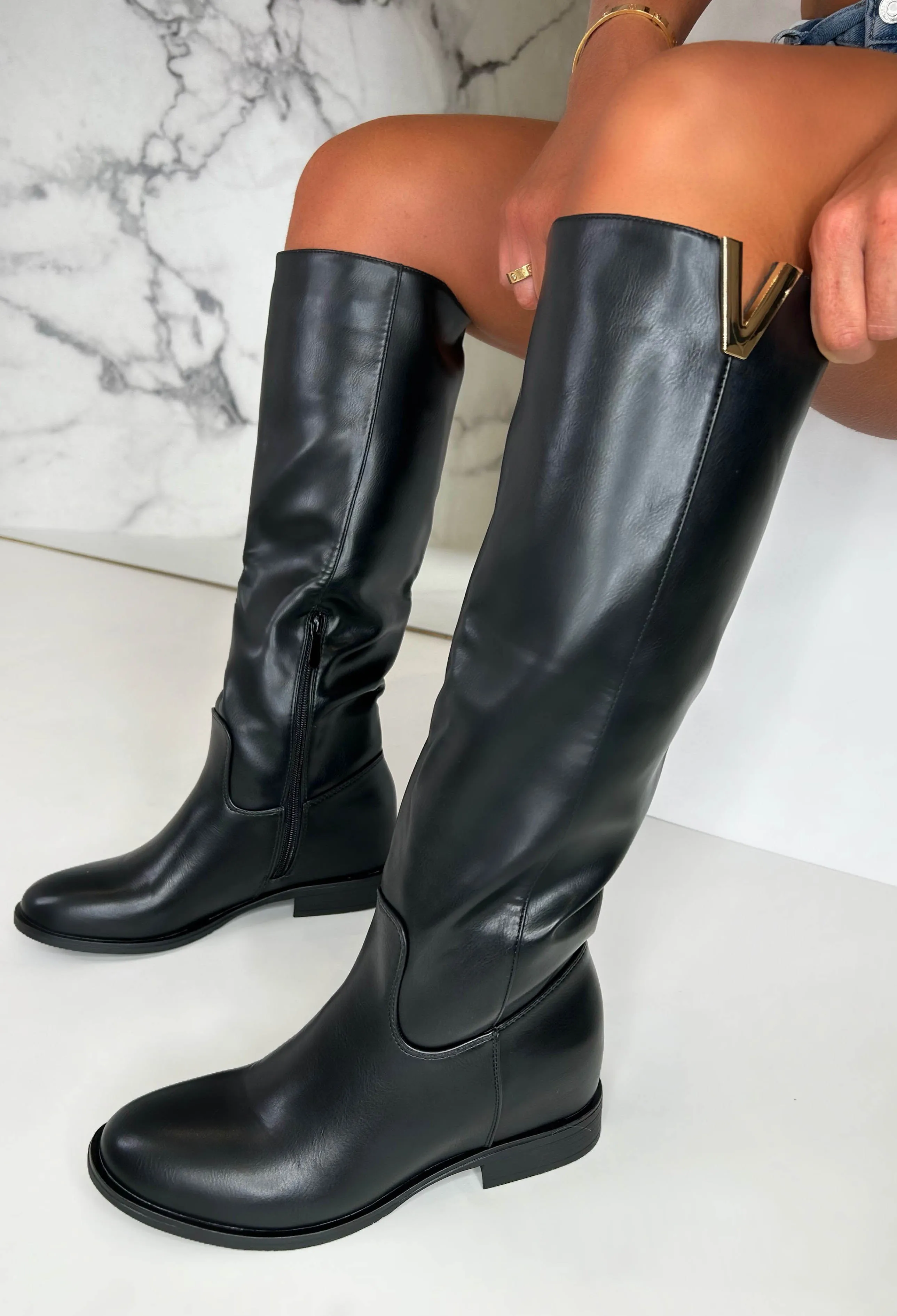The Main Season Black Gold Detail Flat Knee High Boots
