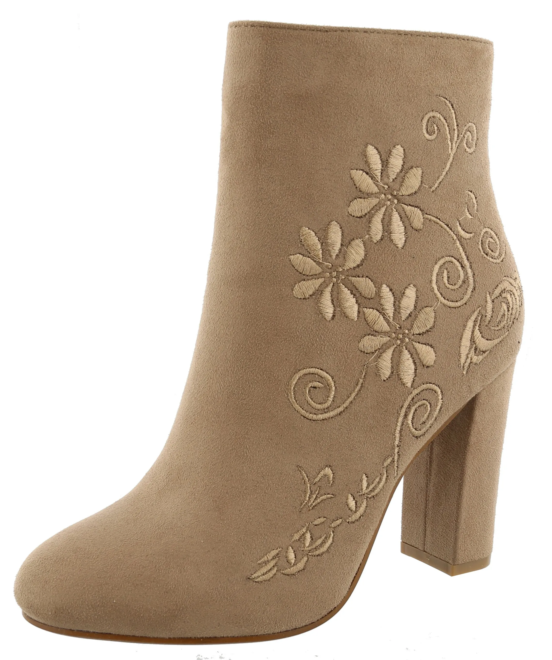 Top Moda Women's Floral Embroidered Chunky Stacked Block Heel Ankle Bootie
