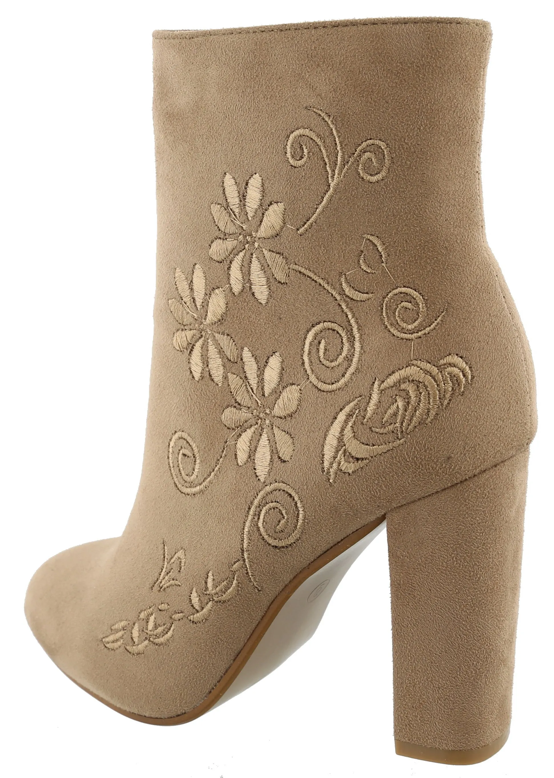 Top Moda Women's Floral Embroidered Chunky Stacked Block Heel Ankle Bootie