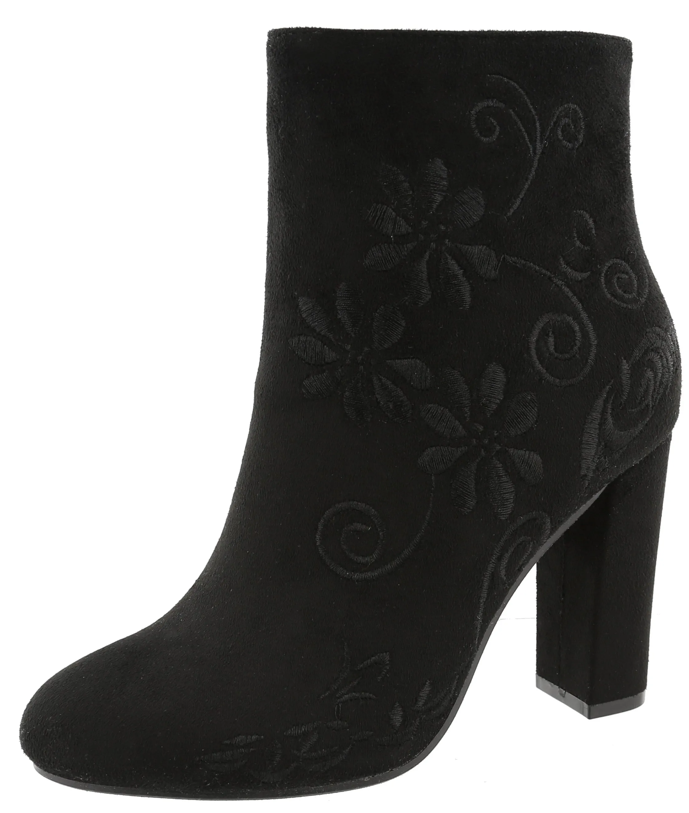 Top Moda Women's Floral Embroidered Chunky Stacked Block Heel Ankle Bootie