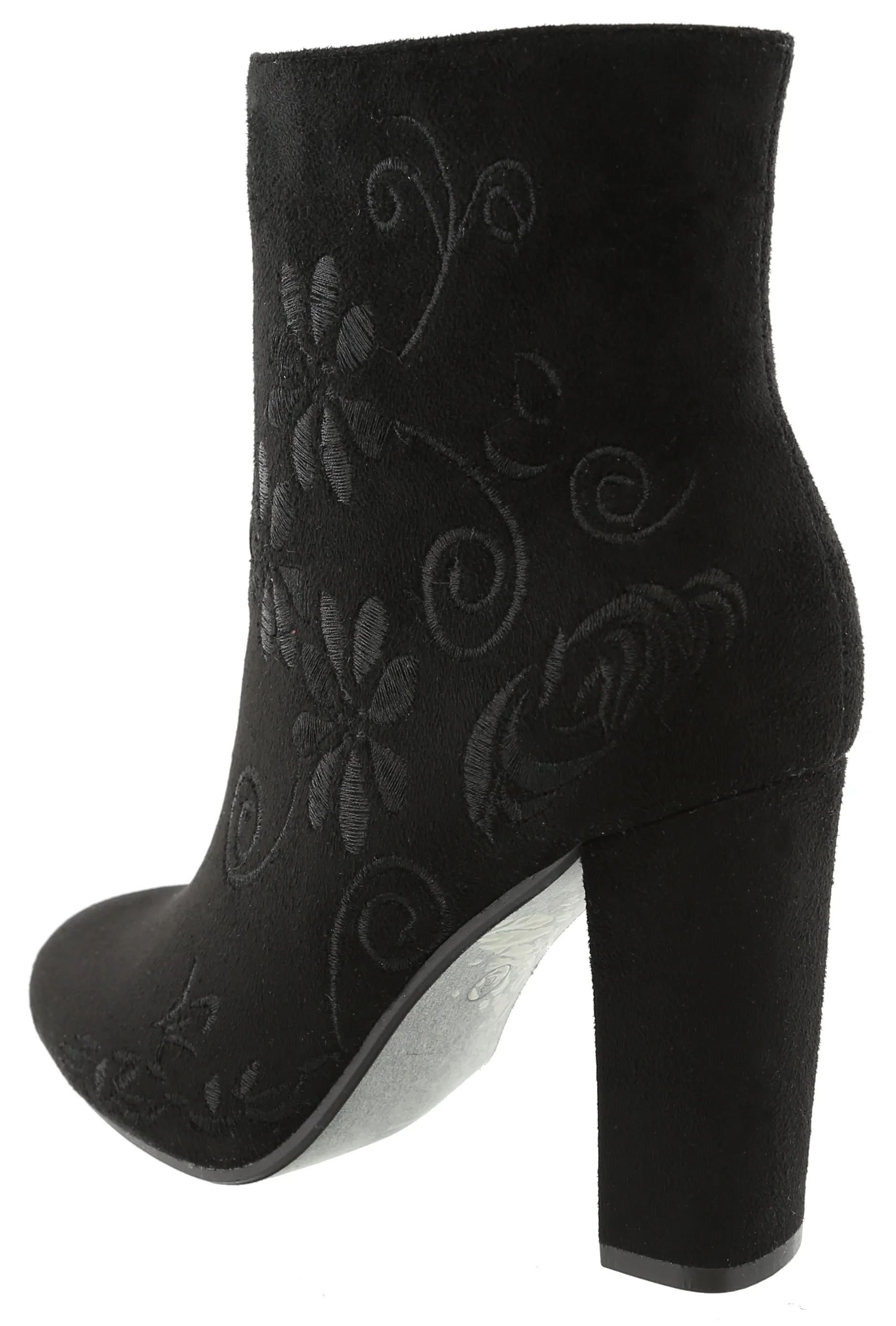 Top Moda Women's Floral Embroidered Chunky Stacked Block Heel Ankle Bootie