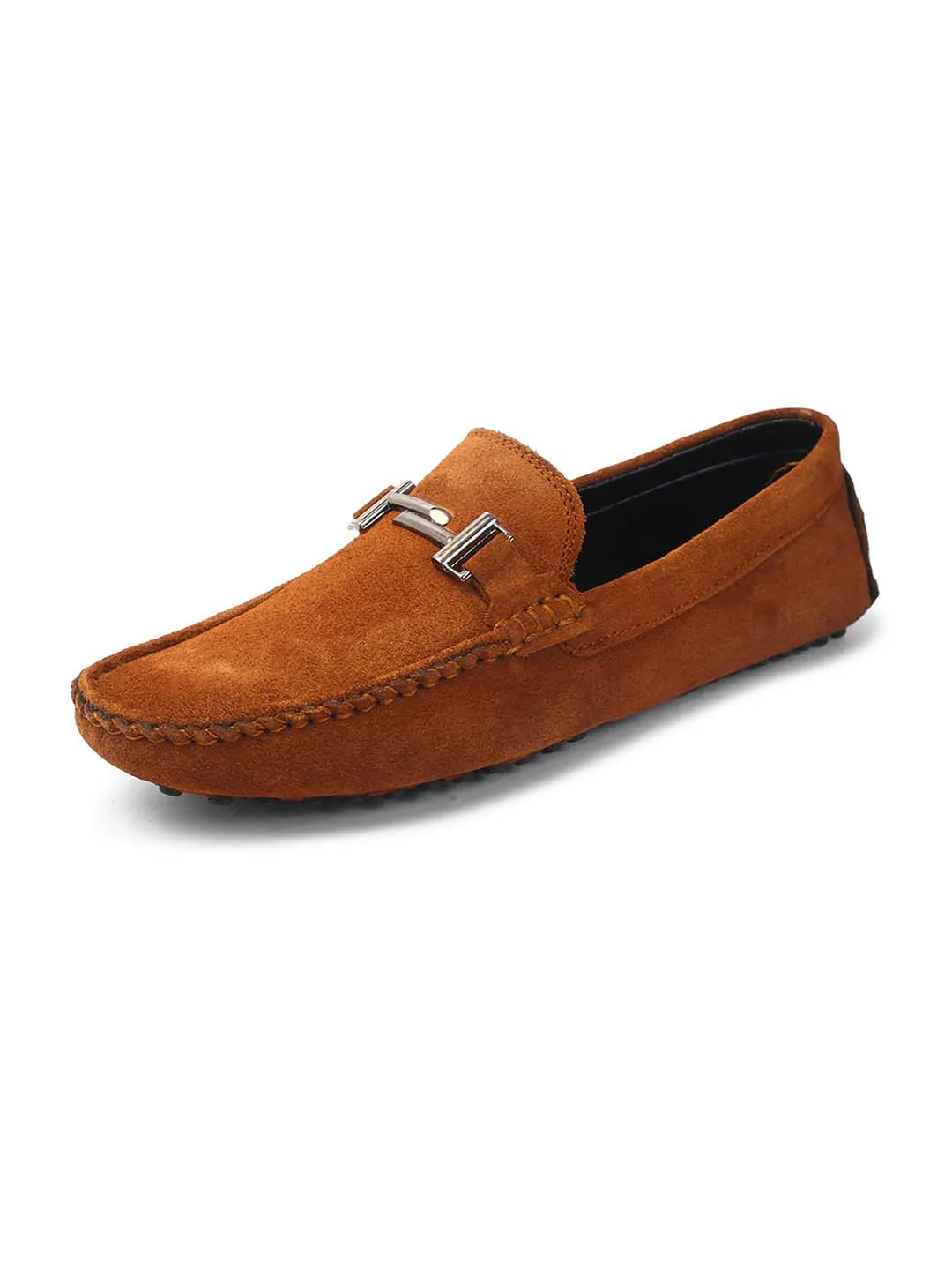 Tortilla Brown Handmade Italian Suede Leather Penny Loafers with Designer Buckle