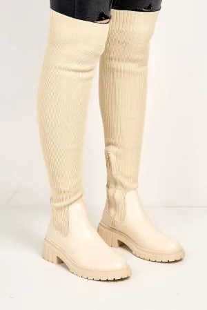 Udrisse Over The Knee Chunky Sock Boots in Beige Knit