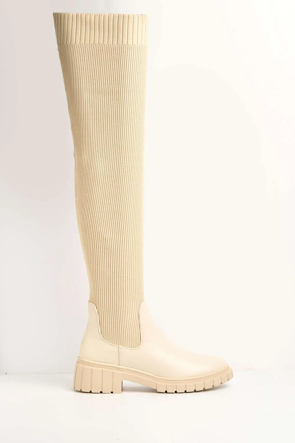 Udrisse Over The Knee Chunky Sock Boots in Beige Knit