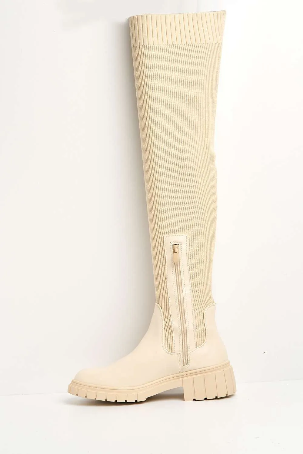 Udrisse Over The Knee Chunky Sock Boots in Beige Knit