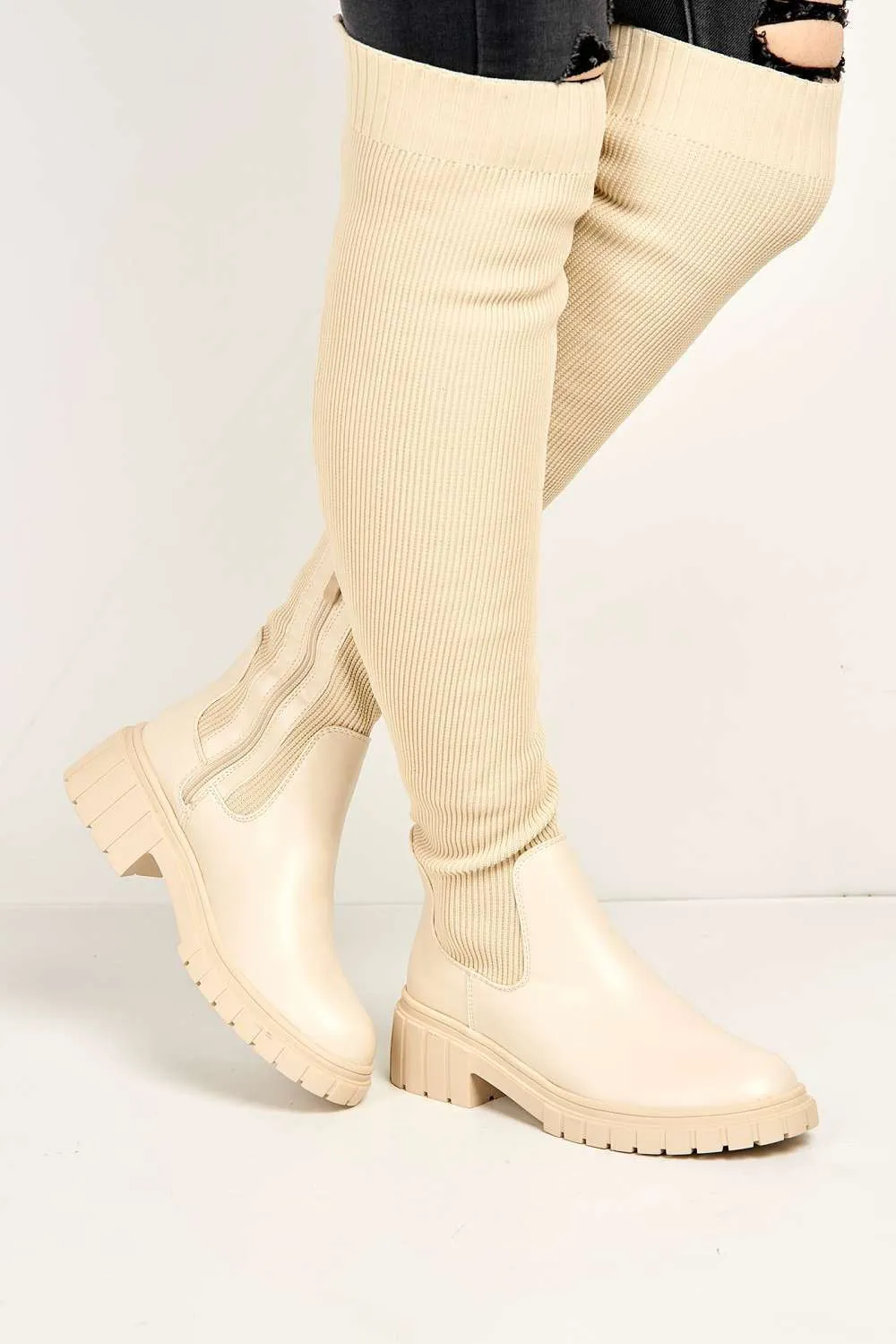 Udrisse Over The Knee Chunky Sock Boots in Beige Knit