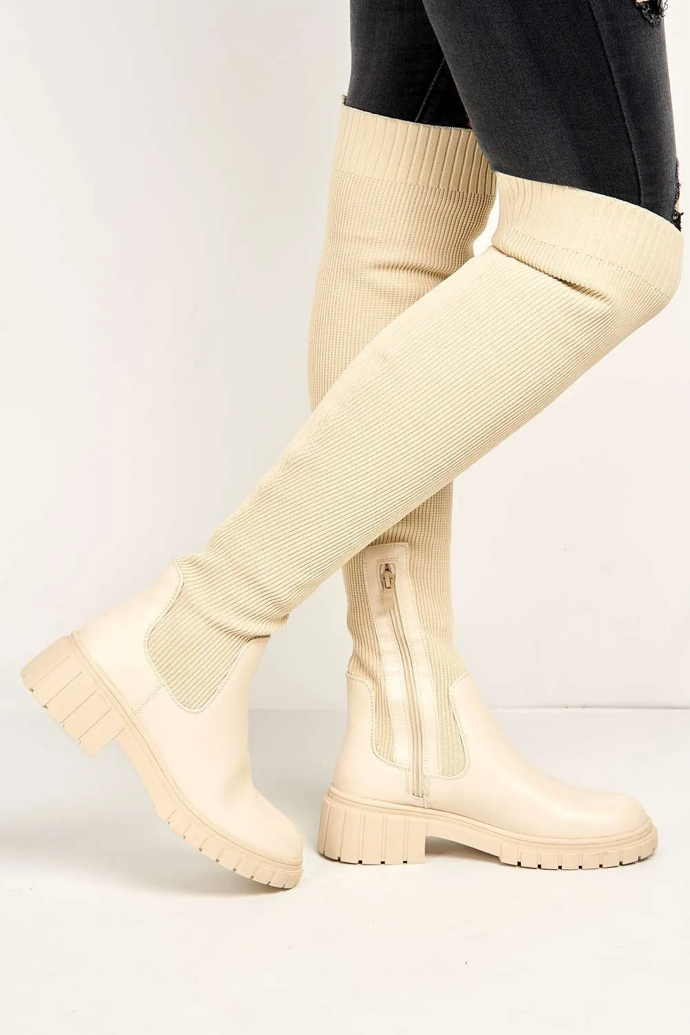 Udrisse Over The Knee Chunky Sock Boots in Beige Knit