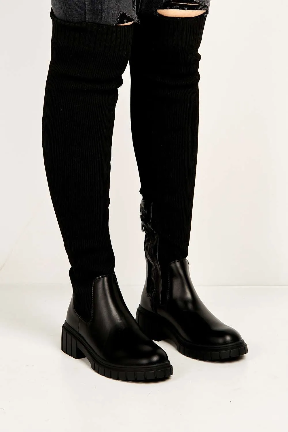Udrisse Over The Knee Chunky Sock Boots in Black Knit