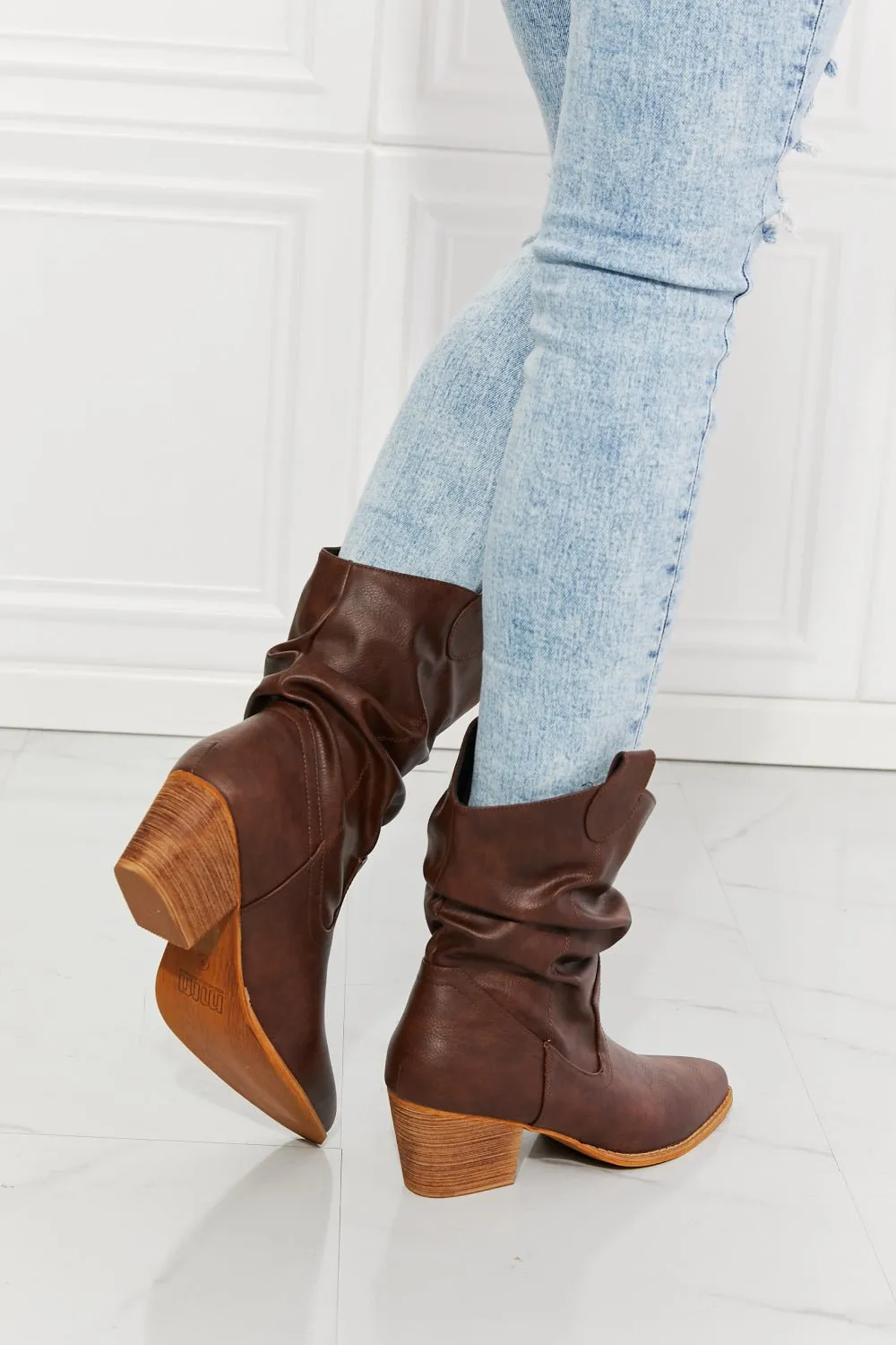 Vegan Leather Scrunch Cowgirl Boots in Dark Brown