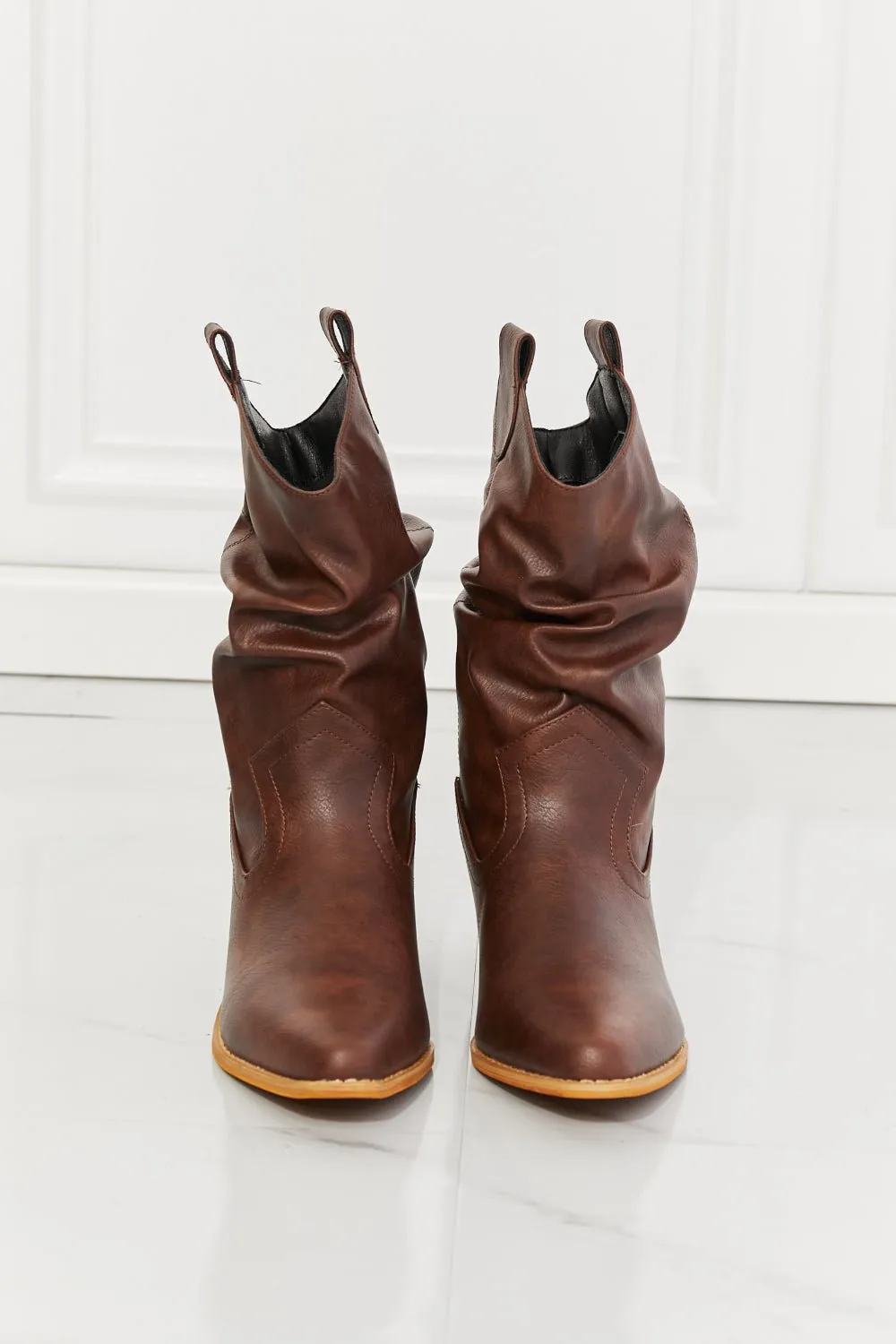 Vegan Leather Scrunch Cowgirl Boots in Dark Brown