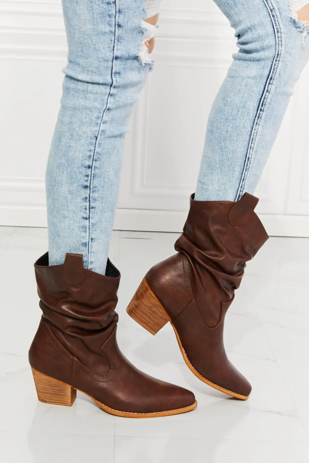 Vegan Leather Scrunch Cowgirl Boots in Dark Brown