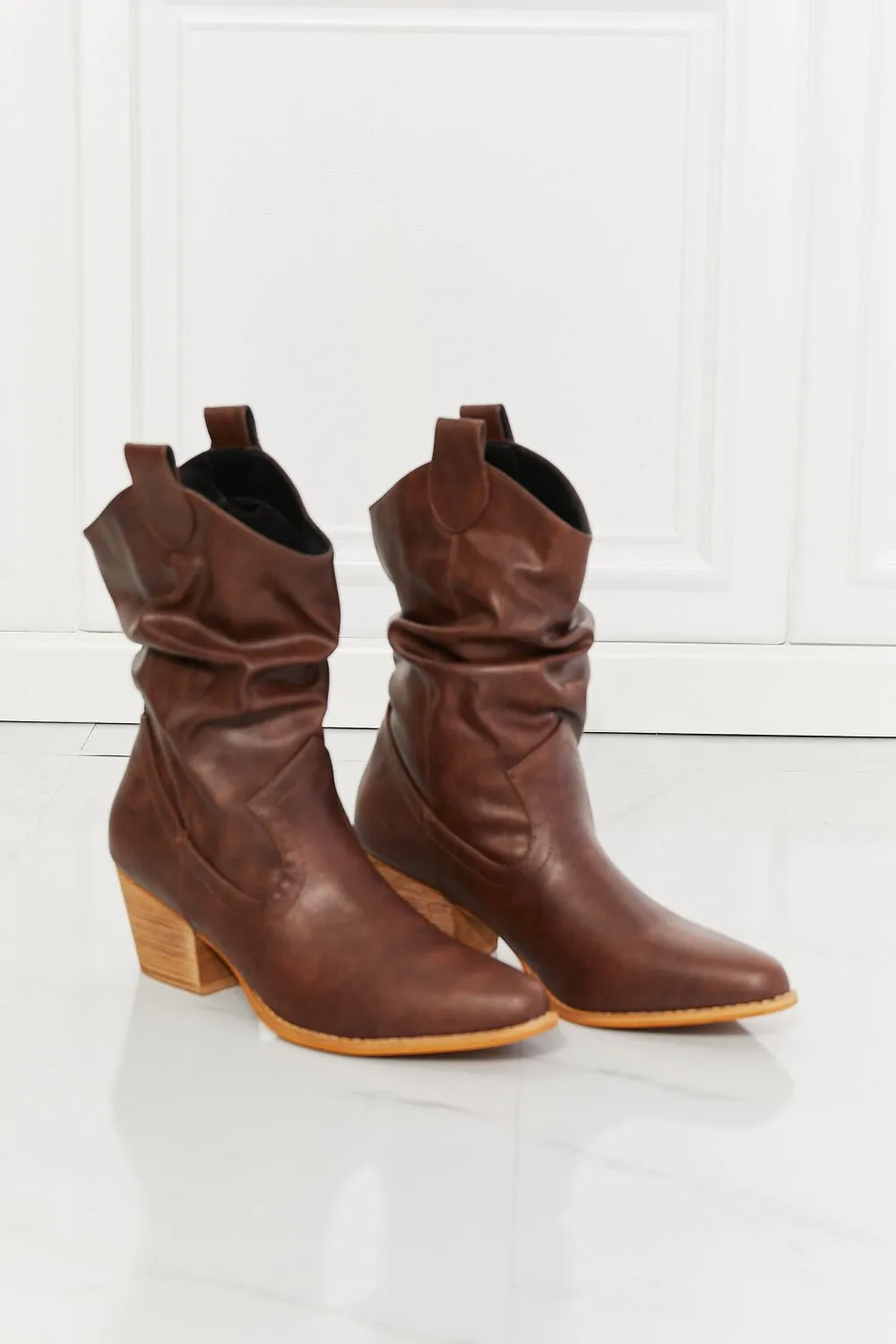 Vegan Leather Scrunch Cowgirl Boots in Dark Brown